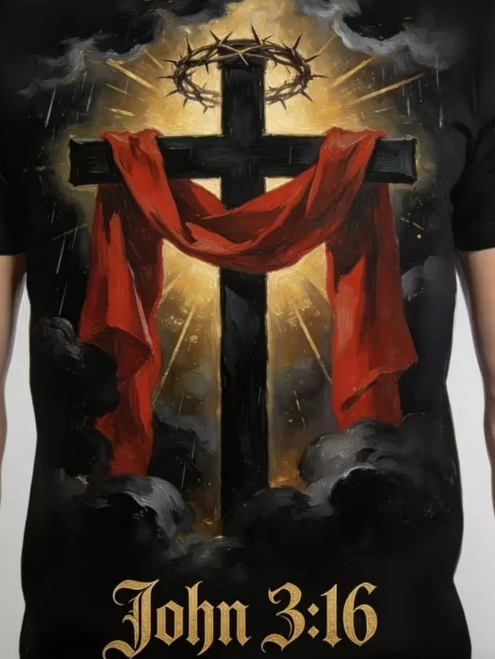 John 3:16 Black T‑Shirt with Red Draped Cross